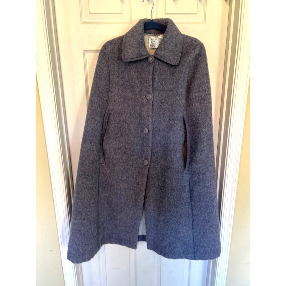 Vintage French Blue Sleeveless Button Up Wool Overcoat Cape Cloak Laine 40 8/M